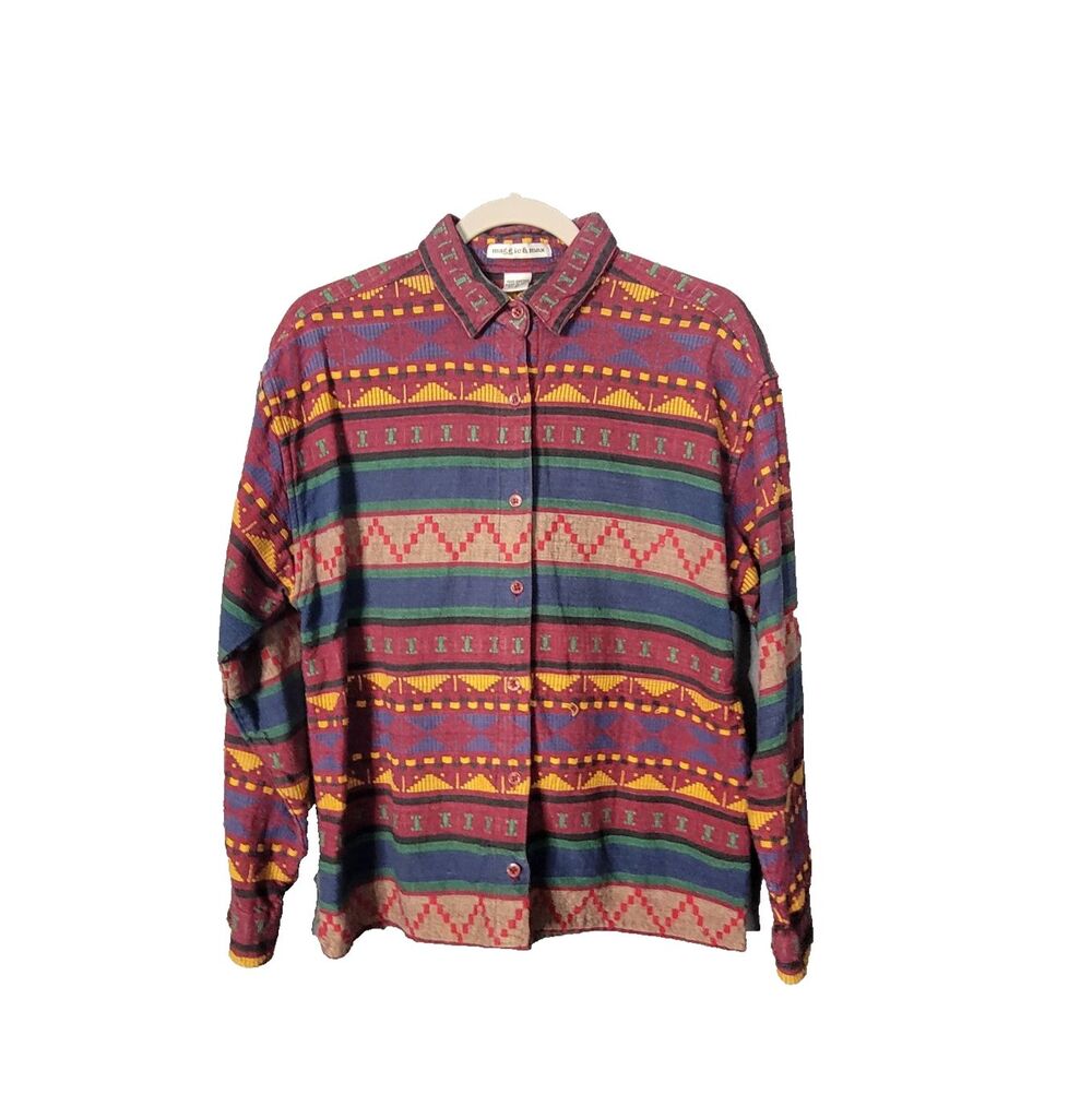 Vintage Maggie & Max Shirt  Med Geo Aztec Stripe Print 100% Cotton Button Down